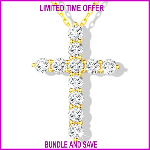 Moissanite Cross Pendant Necklace 14K Gold Plated Sterling Silver Unisex